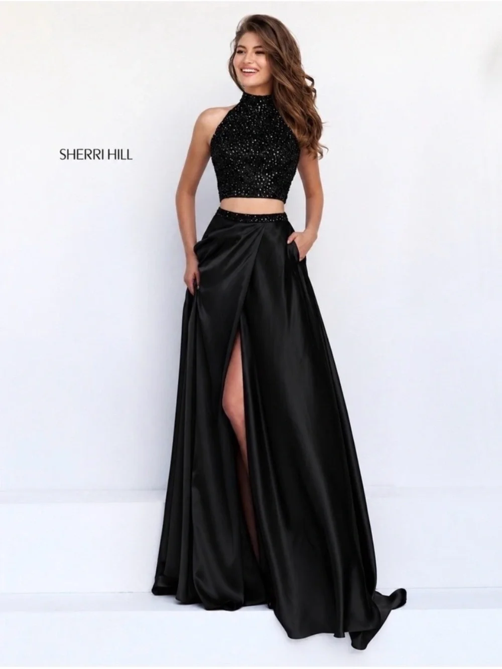 sherri hill black prom dress Sherri Hill Sequined Lace Straight Prom Dress 56101 Silver / 26 main image 0